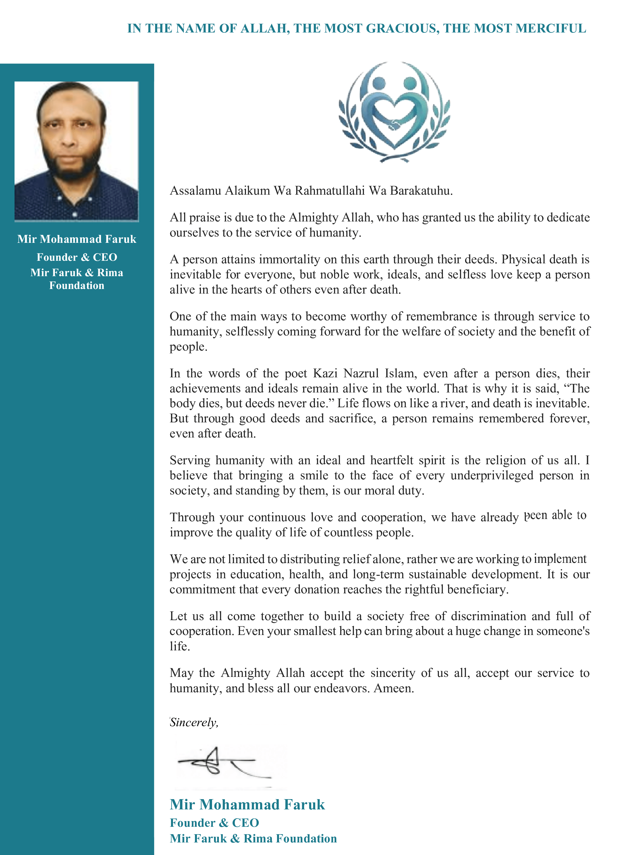 Message from Mir Mohammad Faruk, Founder & CEO of Mir Faruk & Rima Foundation