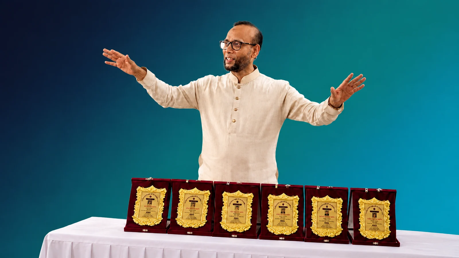 Mir Mohammad Faruk speaking with open arms, award plaques visible on the table